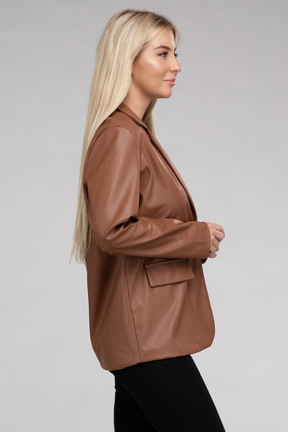 Sleek Pu Leather Blazer with Front Closure