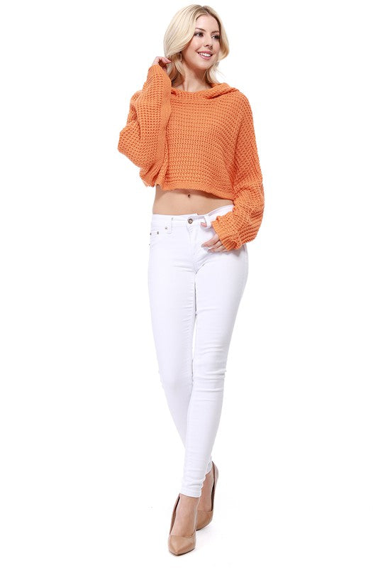 Bat Wing Sleeve Crop top Waffle Knit Hoodie Top