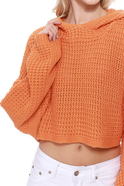 Bat Wing Sleeve Crop top Waffle Knit Hoodie Top