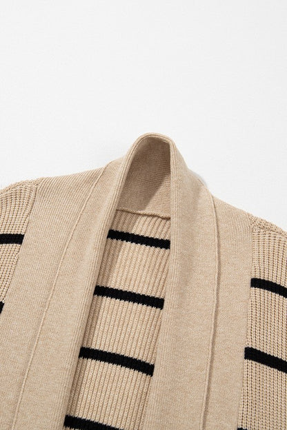 Stripe Shawl Neckline Open Cardigan with Pockets