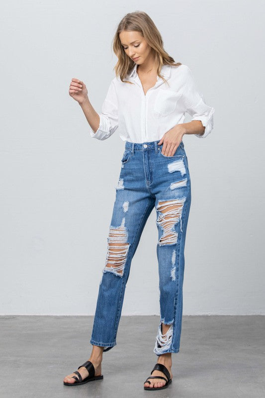 HIGH RISE Ripped STRAIGHT JEANS