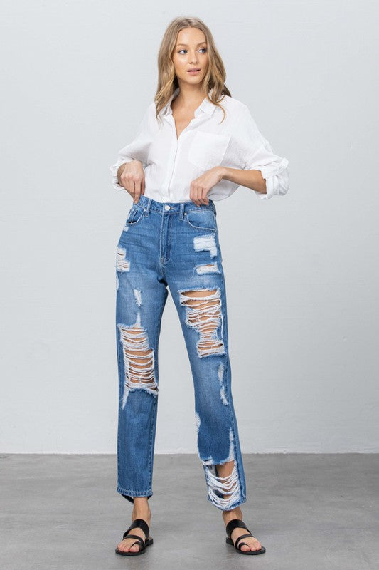 HIGH RISE Ripped STRAIGHT JEANS