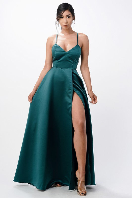 open side back spaghetti zig zag tie satin gown