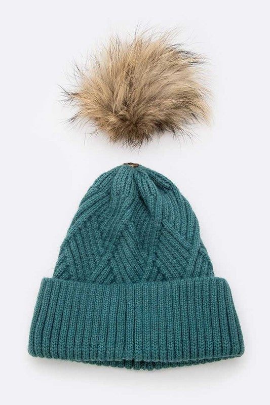 Raised Knit Raccoon Fur Pom Beanie