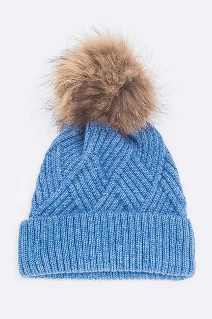 Raised Knit Raccoon Fur Pom Beanie