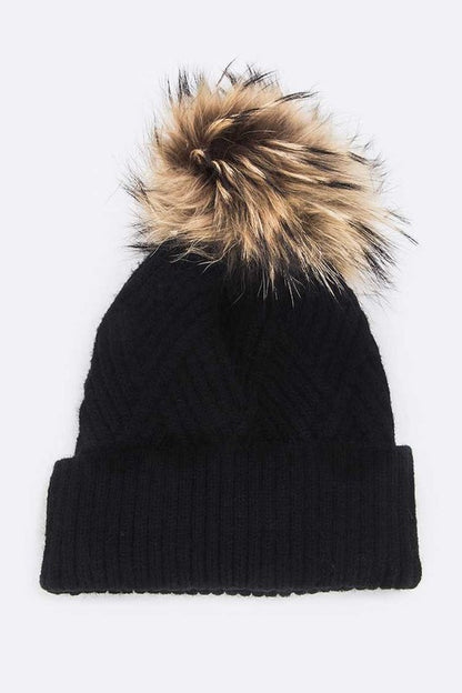 Raised Knit Raccoon Fur Pom Beanie