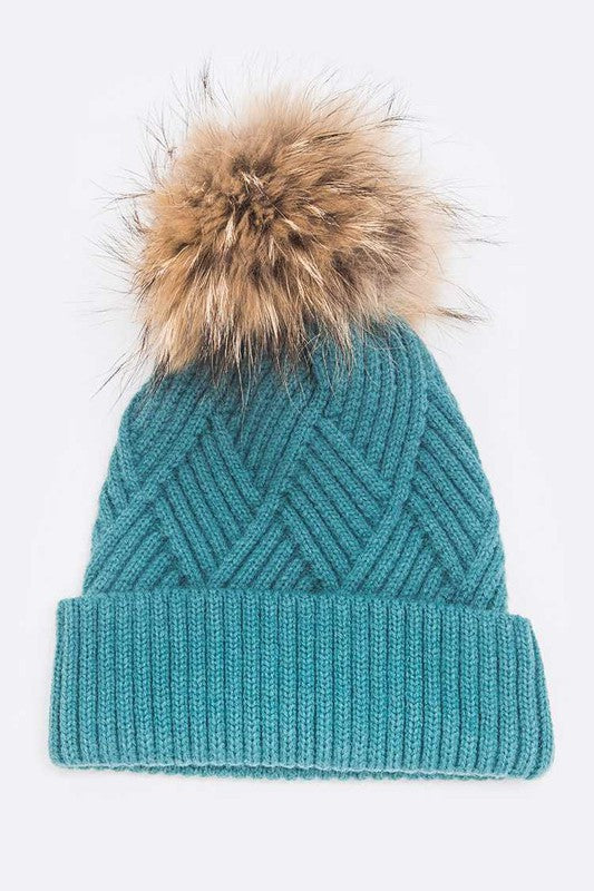 Raised Knit Raccoon Fur Pom Beanie