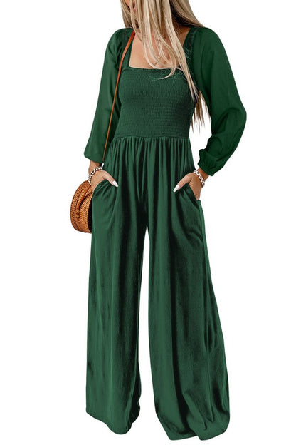 Long Sleeve Square Neck Smocked Bodice Jumpsuit