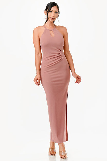 Keyhole A-Line dress with pintuck pleats and side slits