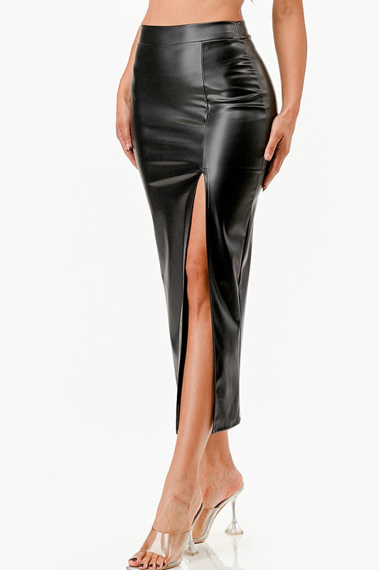 Long PU leather pencil skirt with open slit &amp; waist band