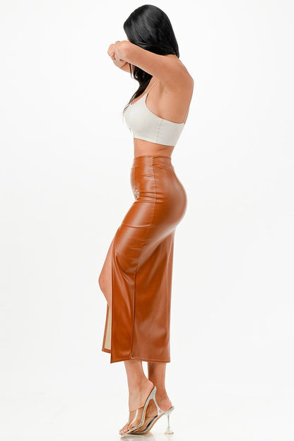 Long PU leather pencil skirt with open slit &amp; waist band