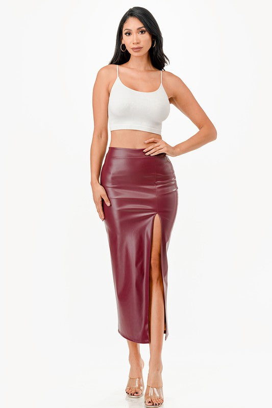 Long PU leather pencil skirt with open slit &amp; waist band