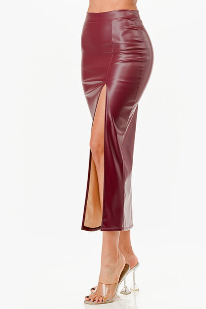 Long PU leather pencil skirt with open slit &amp; waist band