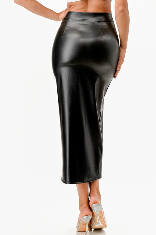 Long PU leather pencil skirt with open slit &amp; waist band