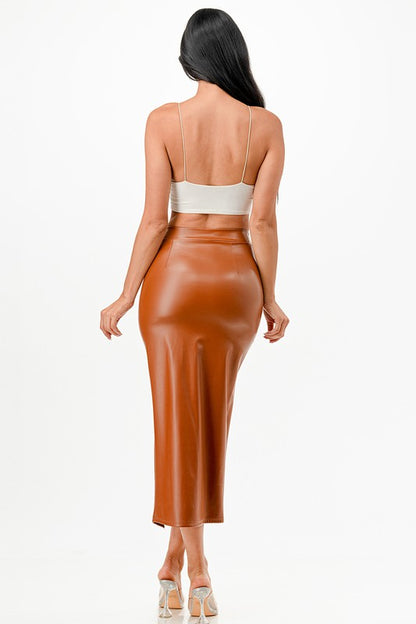 Long PU leather pencil skirt with open slit &amp; waist band