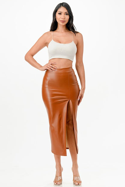 Long PU leather pencil skirt with open slit &amp; waist band