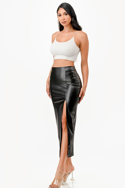 Long PU leather pencil skirt with open slit &amp; waist band