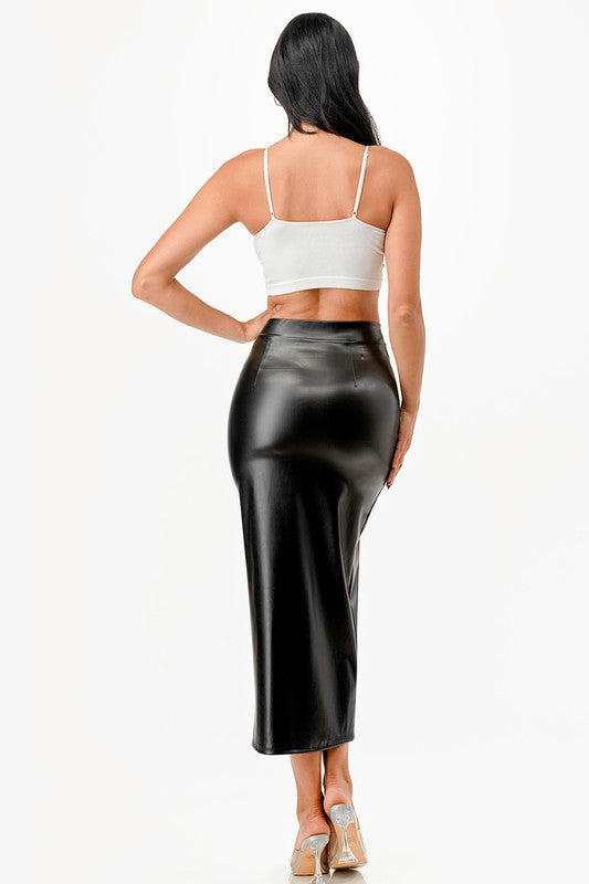 Long PU leather pencil skirt with open slit &amp; waist band