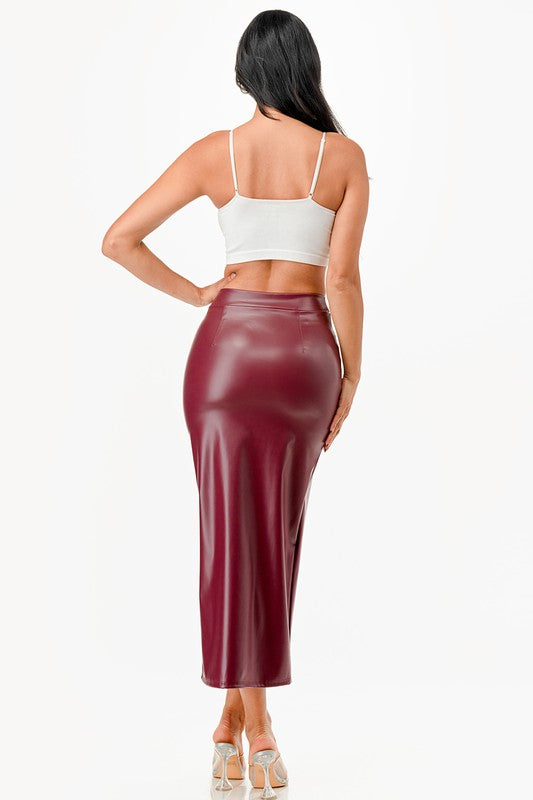 Long PU leather pencil skirt with open slit &amp; waist band