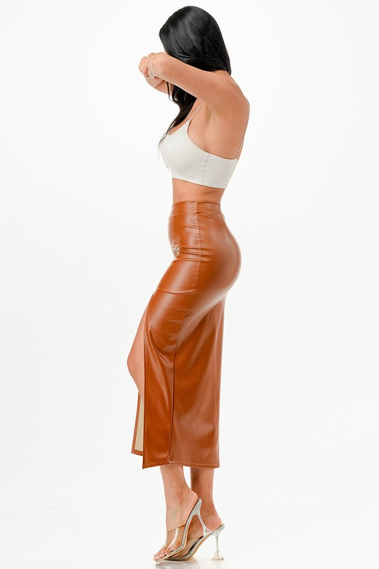 Long PU leather pencil skirt with open slit &amp; waist band