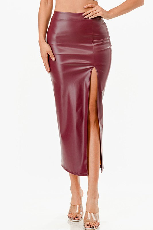 Long PU leather pencil skirt with open slit &amp; waist band