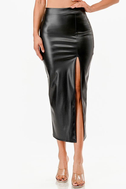 Long PU leather pencil skirt with open slit &amp; waist band