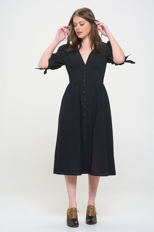 3/4 PUFF SLV TEXTURE VNECK BUTTON DOWN MIDI DRESS