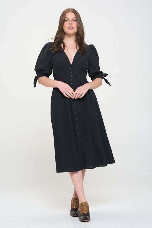 3/4 PUFF SLV TEXTURE VNECK BUTTON DOWN MIDI DRESS