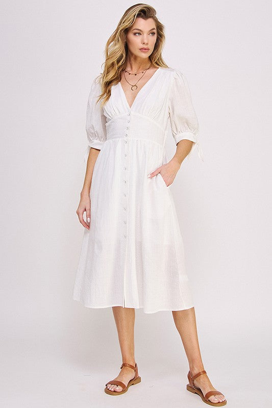 3/4 PUFF SLV TEXTURE VNECK BUTTON DOWN MIDI DRESS