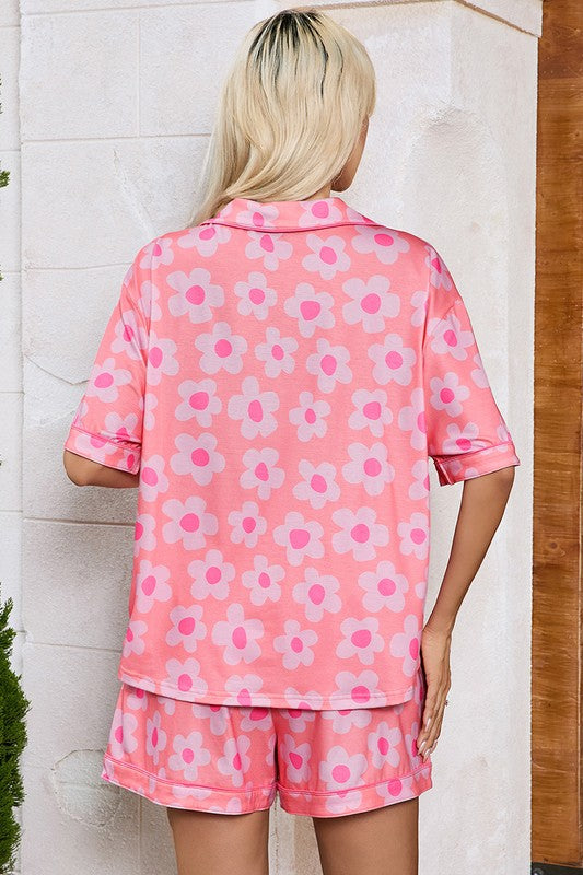 Women Flower Print Short Sleeve Shirt Pajamas Set