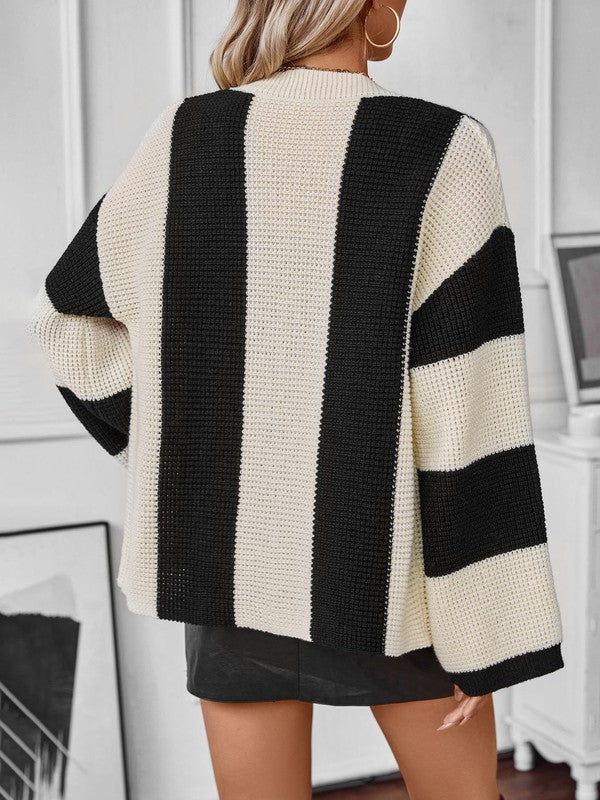 Color block striped women's knit cardigan