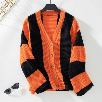 Color block striped women's knit cardigan