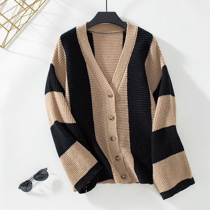 Color block striped women's knit cardigan