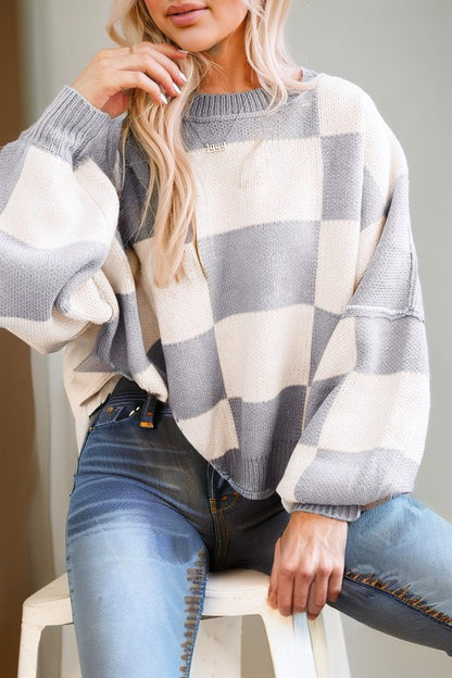 Plaid Exposed Seam Bishop Sleeve Sweater