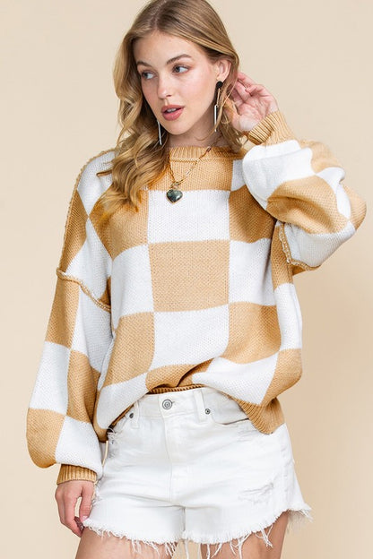 Plaid Exposed Seam Bishop Sleeve Sweater