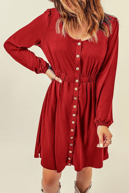 Women Button Up High Waist Long Sleeve Dress