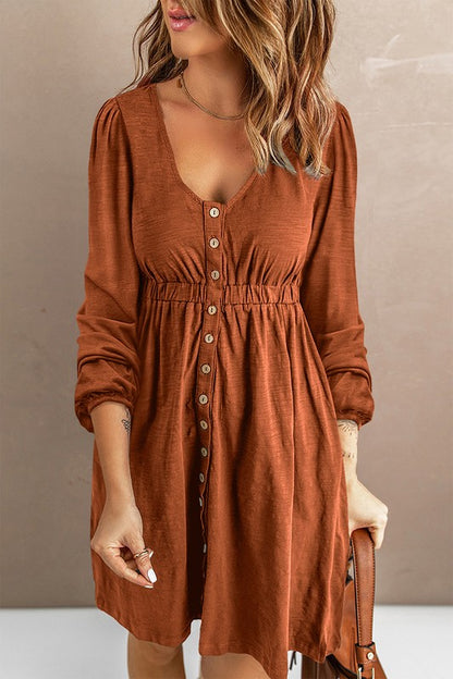 Women Button Up High Waist Long Sleeve Dress