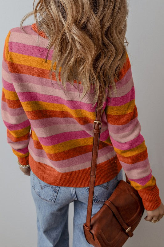 Stripe Color Block Ribbed Edge Round Neck Sweater