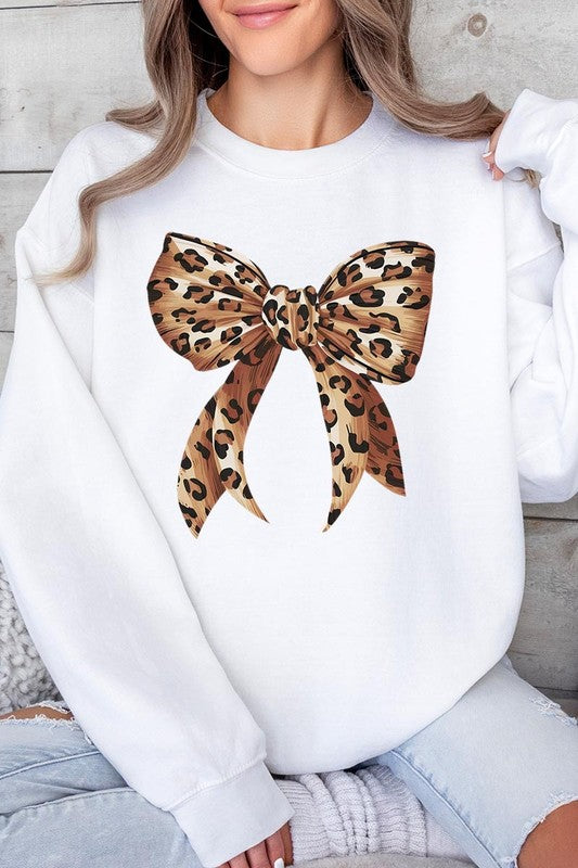 Leopard Print Bow Graphic Fleece Sweatshirts