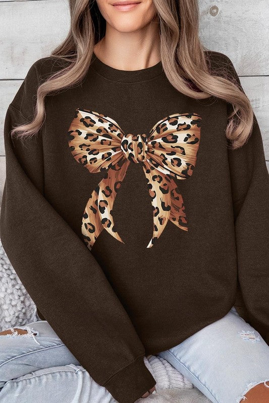 Leopard Print Bow Graphic Fleece Sweatshirts