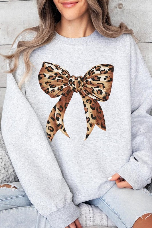 Leopard Print Bow Graphic Fleece Sweatshirts