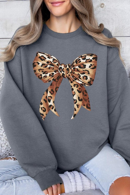 Leopard Print Bow Graphic Fleece Sweatshirts