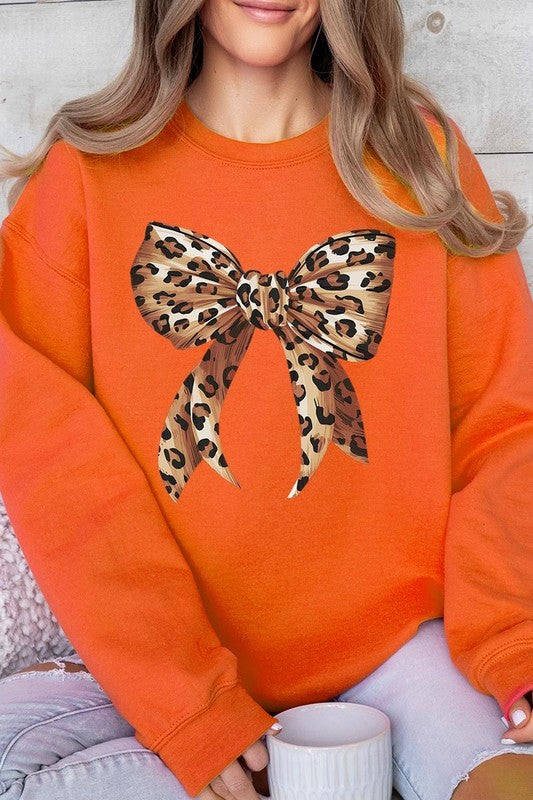 Leopard Print Bow Graphic Fleece Sweatshirts