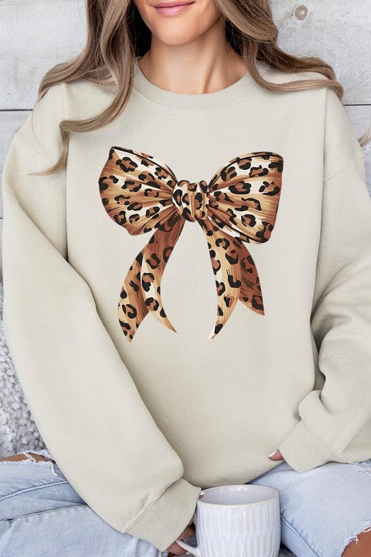 Leopard Print Bow Graphic Fleece Sweatshirts