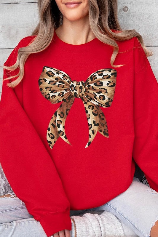 Leopard Print Bow Graphic Fleece Sweatshirts