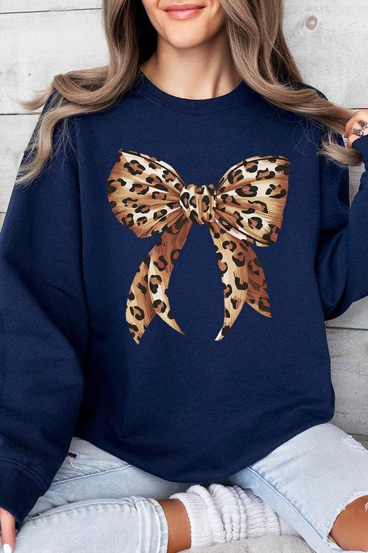 Leopard Print Bow Graphic Fleece Sweatshirts