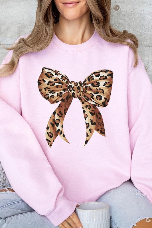 Leopard Print Bow Graphic Fleece Sweatshirts