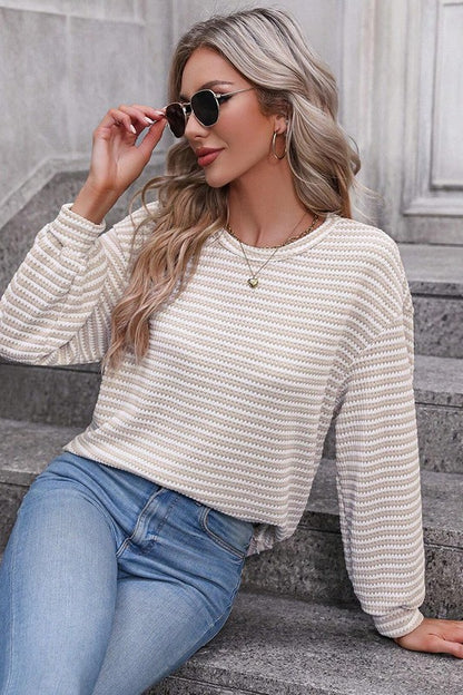 Women Stripe Round Neck Shoulder Long Sleeve Top