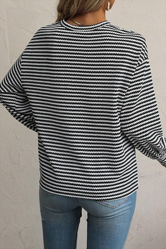 Women Stripe Round Neck Shoulder Long Sleeve Top