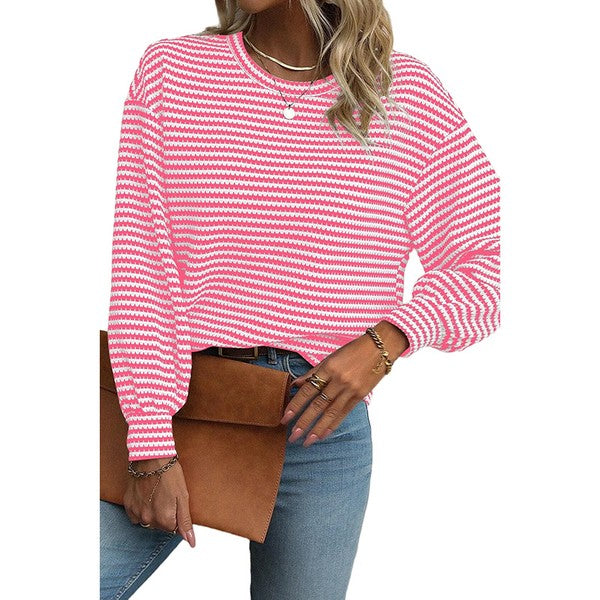 Women Stripe Round Neck Shoulder Long Sleeve Top